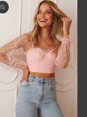 Sheer Dot-Sleeve Corset Crop Top in Soft Pink